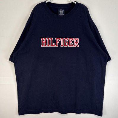 古着 トミーヒルフィガー TOMMY HILFIGER 半袖Tシャツ センター ロゴ プリント 大きいサイズ クルーネック XL ネイビー メンズ