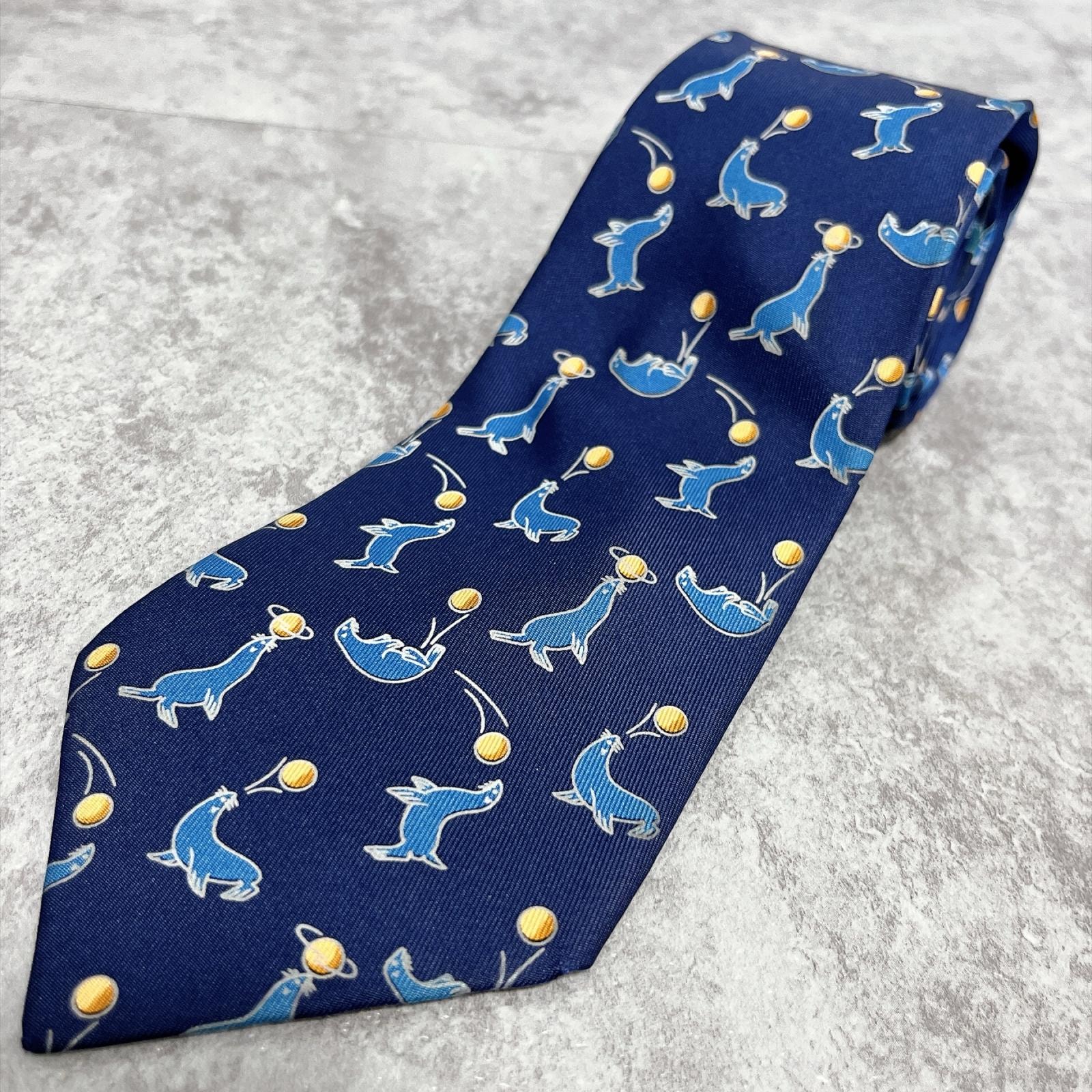 【HERMES】エルメス 海獅子 アシカ シーライオン ボール柄 アニマル ネクタイ ネイビー ブルー イエロー シルク100% フランス製 メンズ