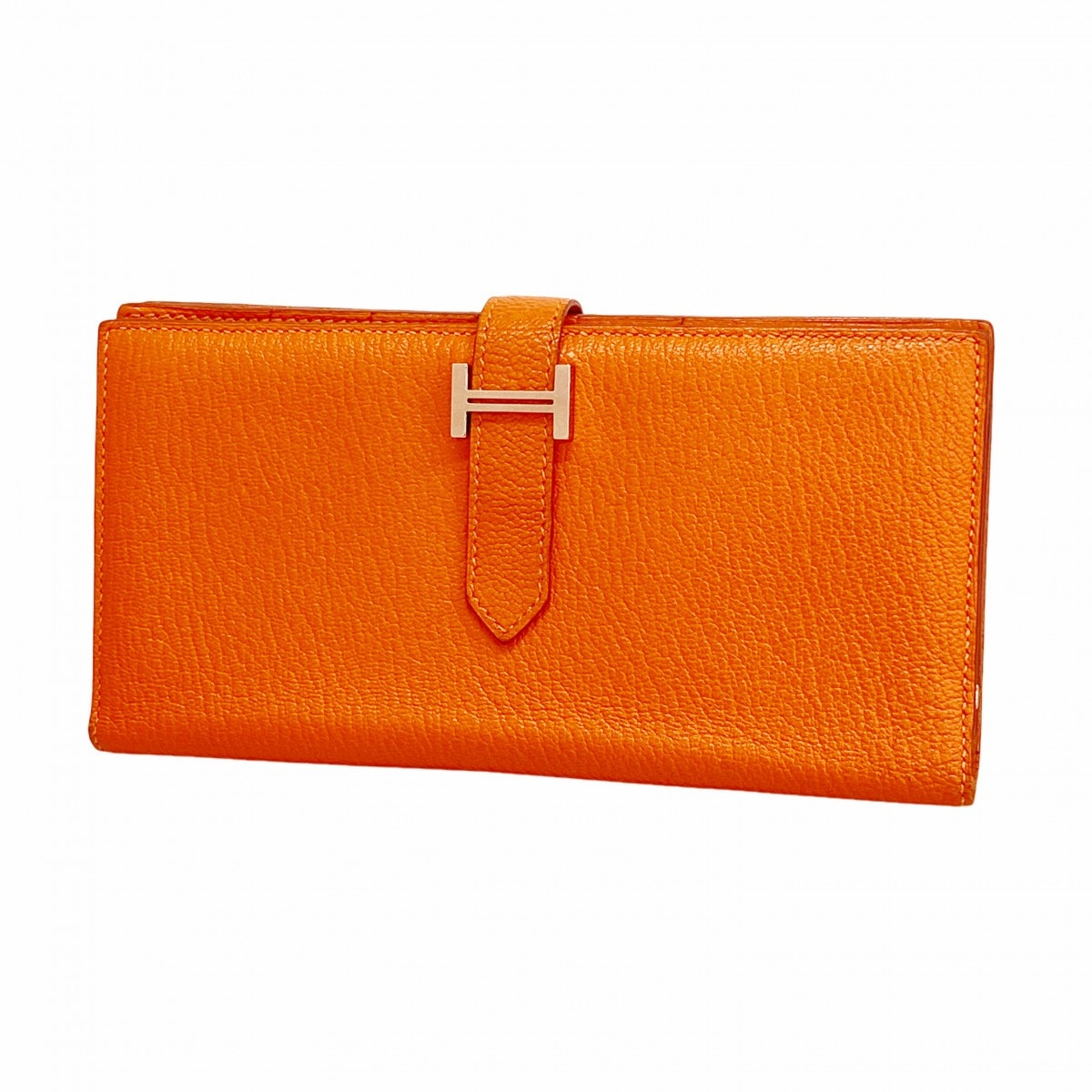 【6db2160】エルメス 長財布 ベアンスフレ シェブルミゾル オレンジポピー シルバー金具 T刻印【中古】レディース
