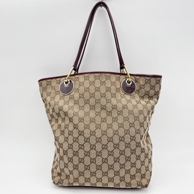 GUCCI(グッチ) GGキャンバス トートバッグ ショルダーバッグ ベージュ×ボルドー レザー ゴールド金具 レディース 【中古】
