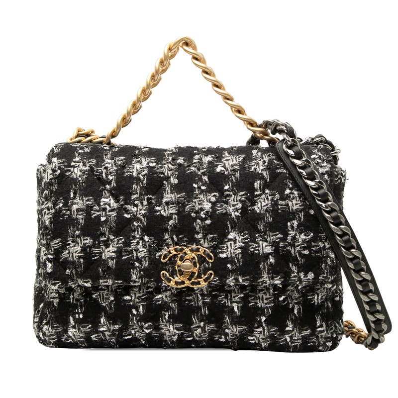 シャネル ココマーク 19 ラージ チェーン ショルダーバッグ ハウンドトゥース ブラック ツイード レディース CHANEL 【中古】