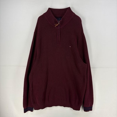 古着 トミーヒルフィガー TOMMY HILFIGER ニット 大きいサイズ ワンポイント ロゴ ハーフジップ セーター 刺繍 3XL レッド系 メンズ