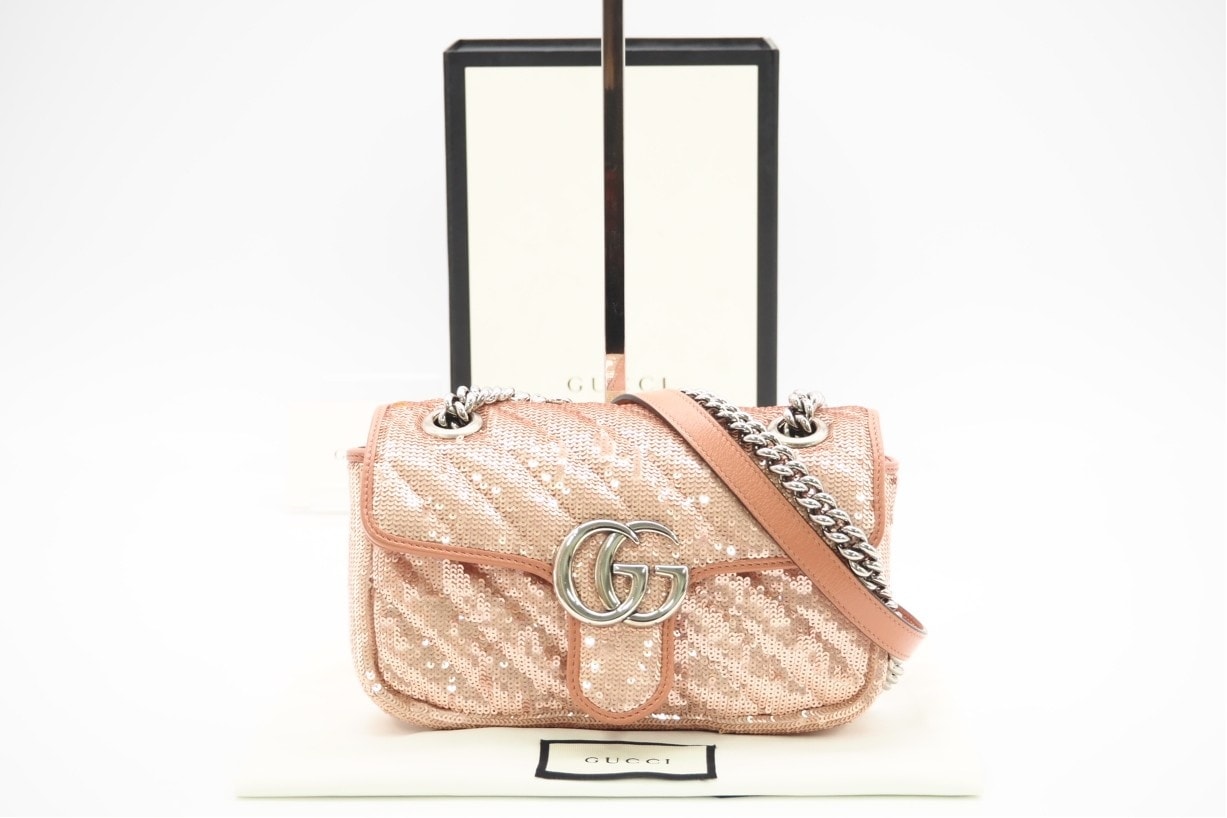 極美品 GUCCI グッチ GGマーモント レザー スパンコール チェーンショルダー 446744 ショルダーバッグ ピンク レザー スパンコール レディース