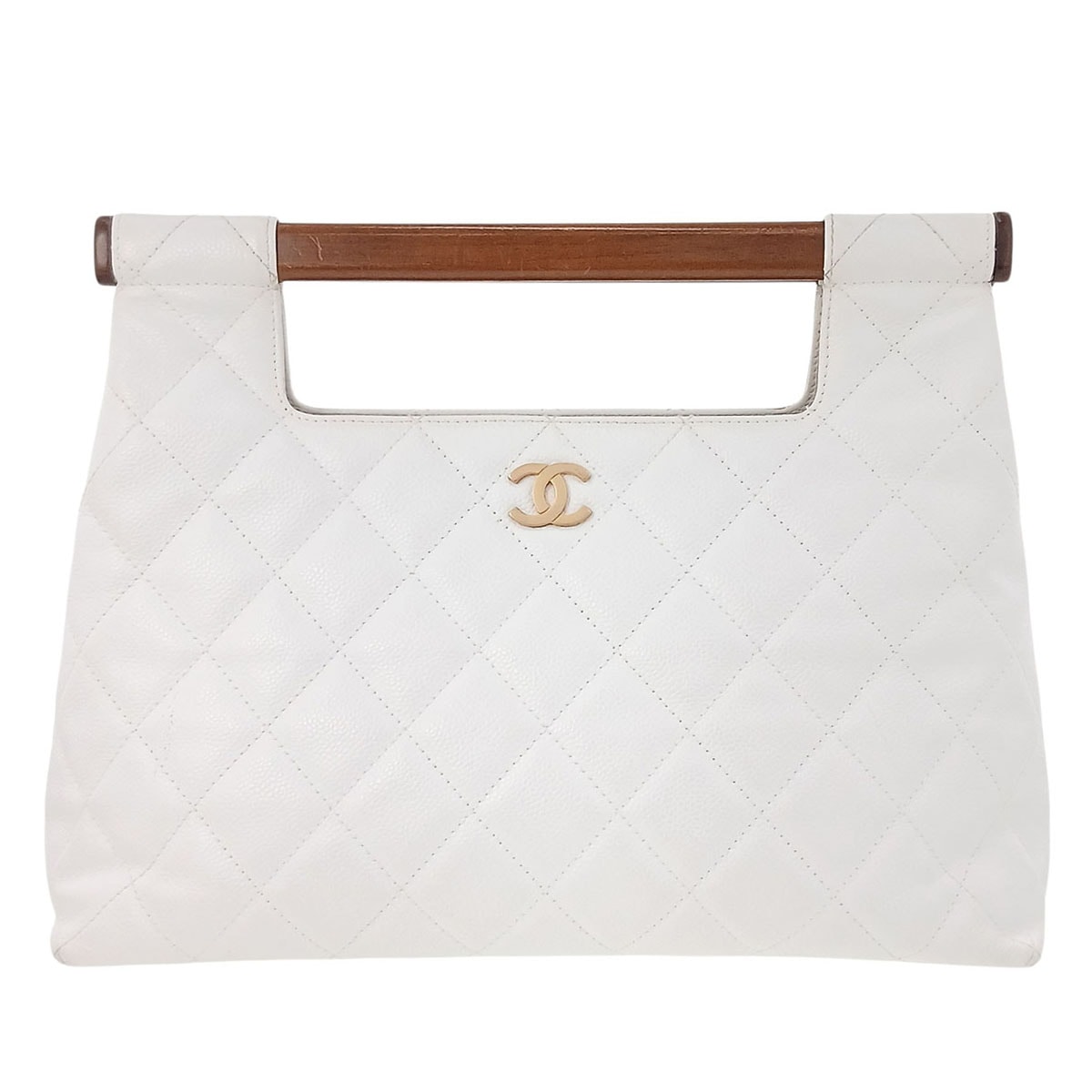 CHANEL シャネル マトラッセ ウッドハンドル CCマーク ハンドバッグ キャビアスキン ホワイト  レディース【中古】