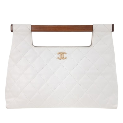 CHANEL シャネル マトラッセ ウッドハンドル CCマーク ハンドバッグ キャビアスキン ホワイト レディース【中古】