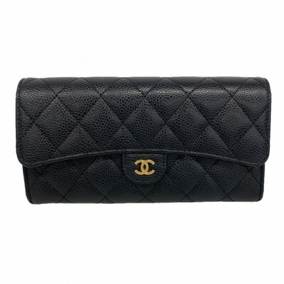 ★SALE【6gc3391-k】シャネル 長財布 マトラッセ キャビアスキン ブラック ゴールド金具【中古】レディース