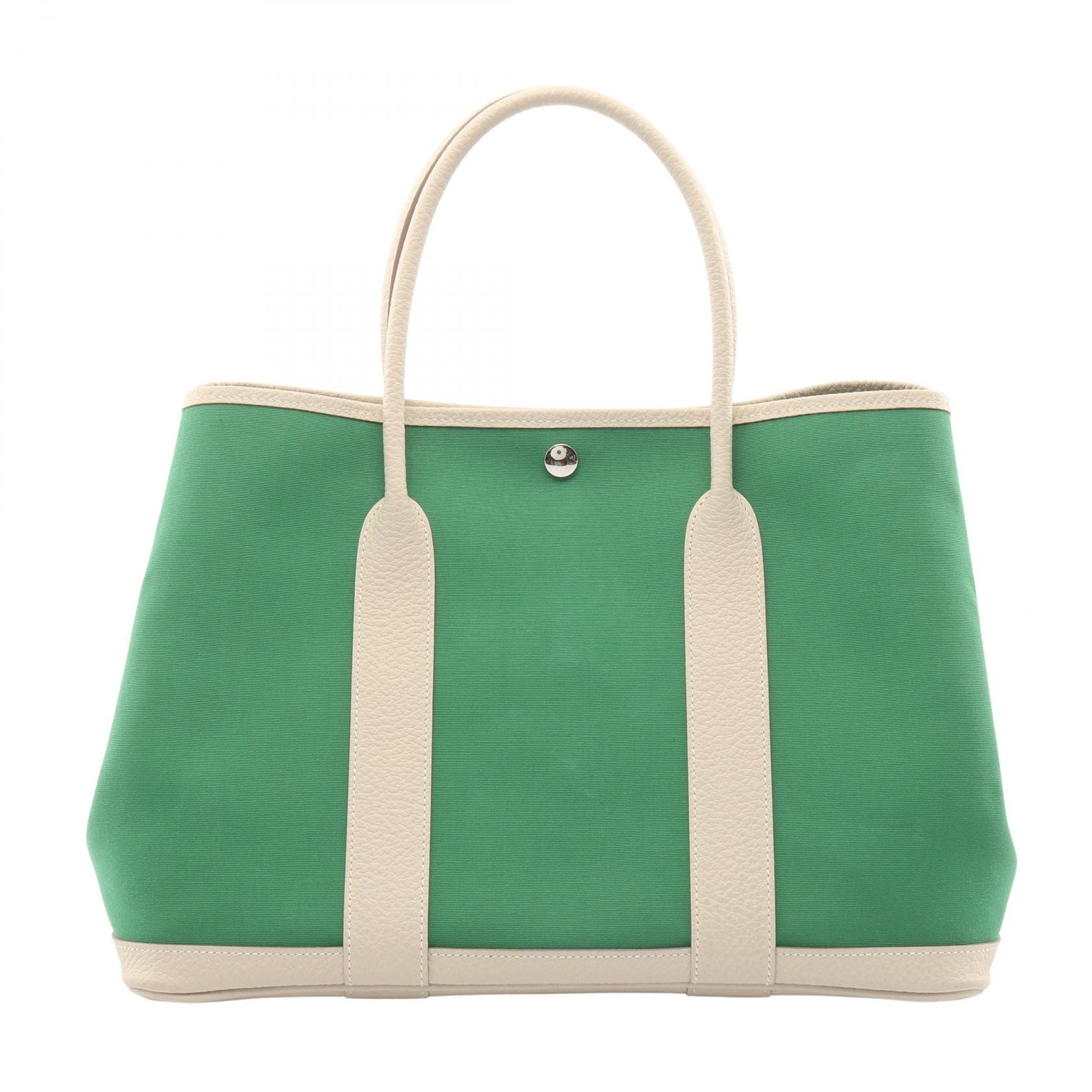 エルメス HERMES ガーデンパーティPM トートバッグ バッグ キャンバス カーフ(牛革) トワルオフィシエ / ヴァッシュカントリー トワルオフィシエ バンブー X刻印(2016年製造) レディース グリーン系 / ホワイト系 【中古】