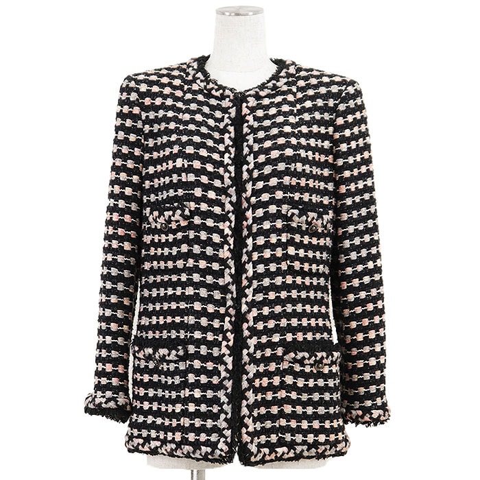【極美品】CHANEL シャネル ヴィンテージ ツイードジャケット 06A P29539 COCOマークボタン メタリック ノーカラー アウター レディース サイズ 44 ブラック 黒 フランス製 カール・ラガーフェルド期