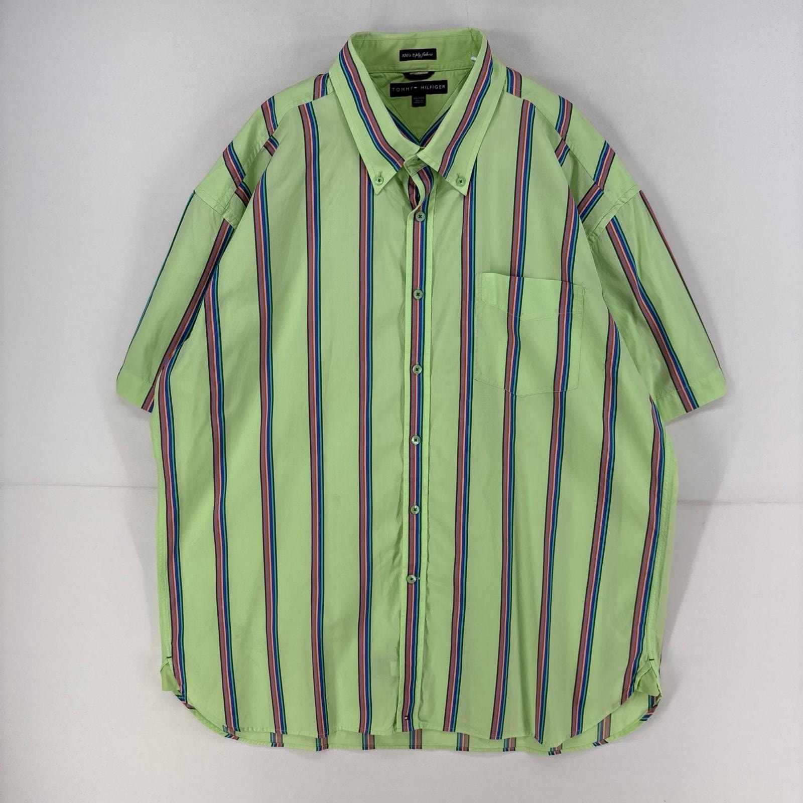 古着 トミーヒルフィガー TOMMY HILFIGER 半袖シャツ 大きいサイズ 胸ポケット 2XL  グリーン系 ストライプ メンズ