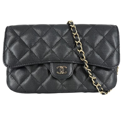 CHANEL シャネル チェーンウォレット マトラッセ フラップフォンケース ミニショルダーバッグ ココマーク 肩掛け 斜め掛け キャビアスキン ブラック 黒 ゴールド金具 レディース 美品【中古品】