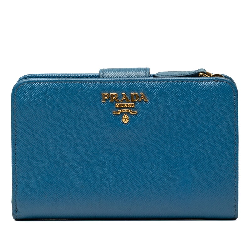 プラダ ロゴ 二つ折り財布 ブルー サフィアーノレザー レディース PRADA 【中古】