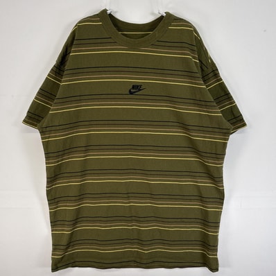 古着 ナイキ NIKE 半袖Tシャツ ボーダー センター ロゴ 刺繍 肉厚 M カーキ マルチカラー メンズ