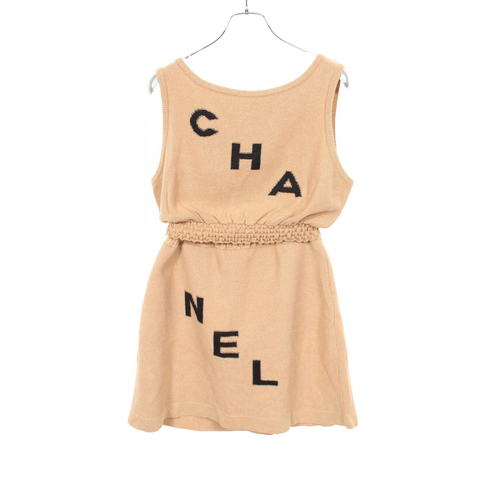シャネル CHANEL ロゴ ニット タンクトップ スカート セットアップ 衣料品 レーヨン レディース ベージュ系 【中古】