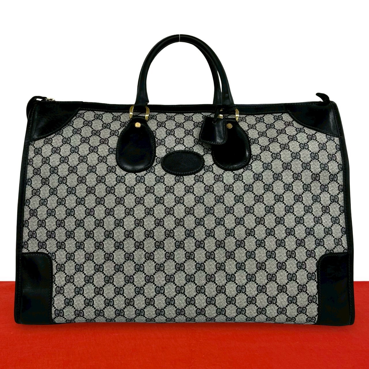 GUCCI グッチ GG 柄 レザー PVC ボストンバッグ ネイビー
 33520
