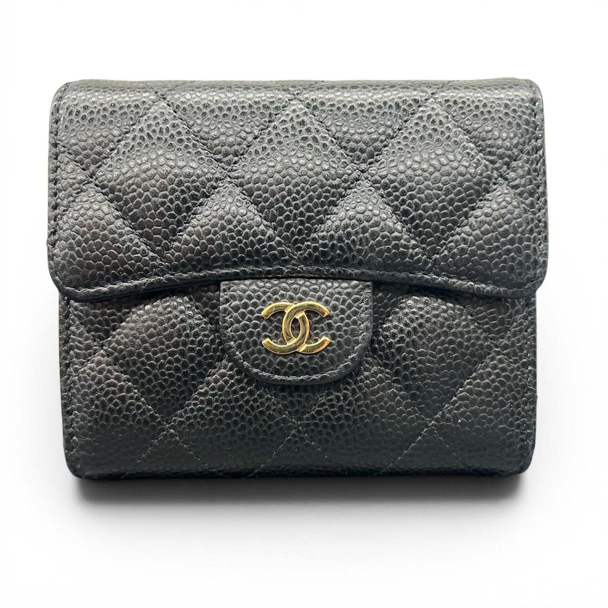 CHANEL 極美品 シャネル マトラッセ クラシック スモール フラップ ウォレット 三つ折り財布 AP0231 キャビアスキン 新型シリアルシール ブラック レザー ゴールド金具 コンパクトウォレット ミニ財布 Aランク 中古 鑑定済 シャネル財布