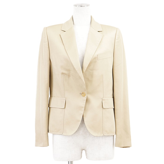 SALE【美品】GUCCI グッチ テーラードジャケット シルク100% 高密度ツイル シグネチャー ロゴボタン 1B ノッチドラペル センターベント アウター レディース サイズ 42 ベージュ イタリア製