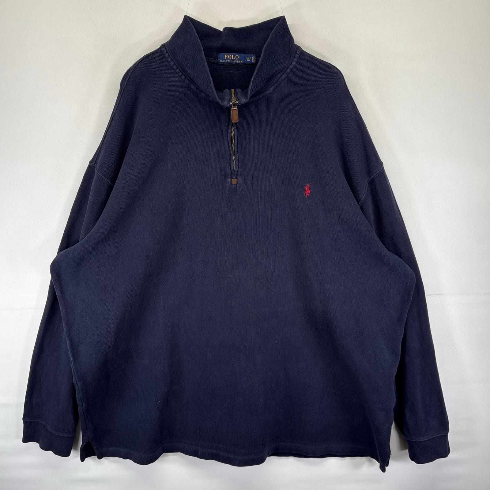古着 ポロ・ラルフローレン POLO RALPH LAUREN スウェット ワンポイントロゴ 刺繍 ハーフジップ 3XLT  ネイビー系 無地 メンズ