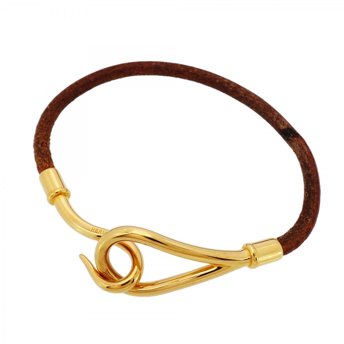 ★SALE【6jcb0875-k】エルメス ブレスレット ジャンボフック GPメッキ レザー ゴールド ブラウン【中古】レディース