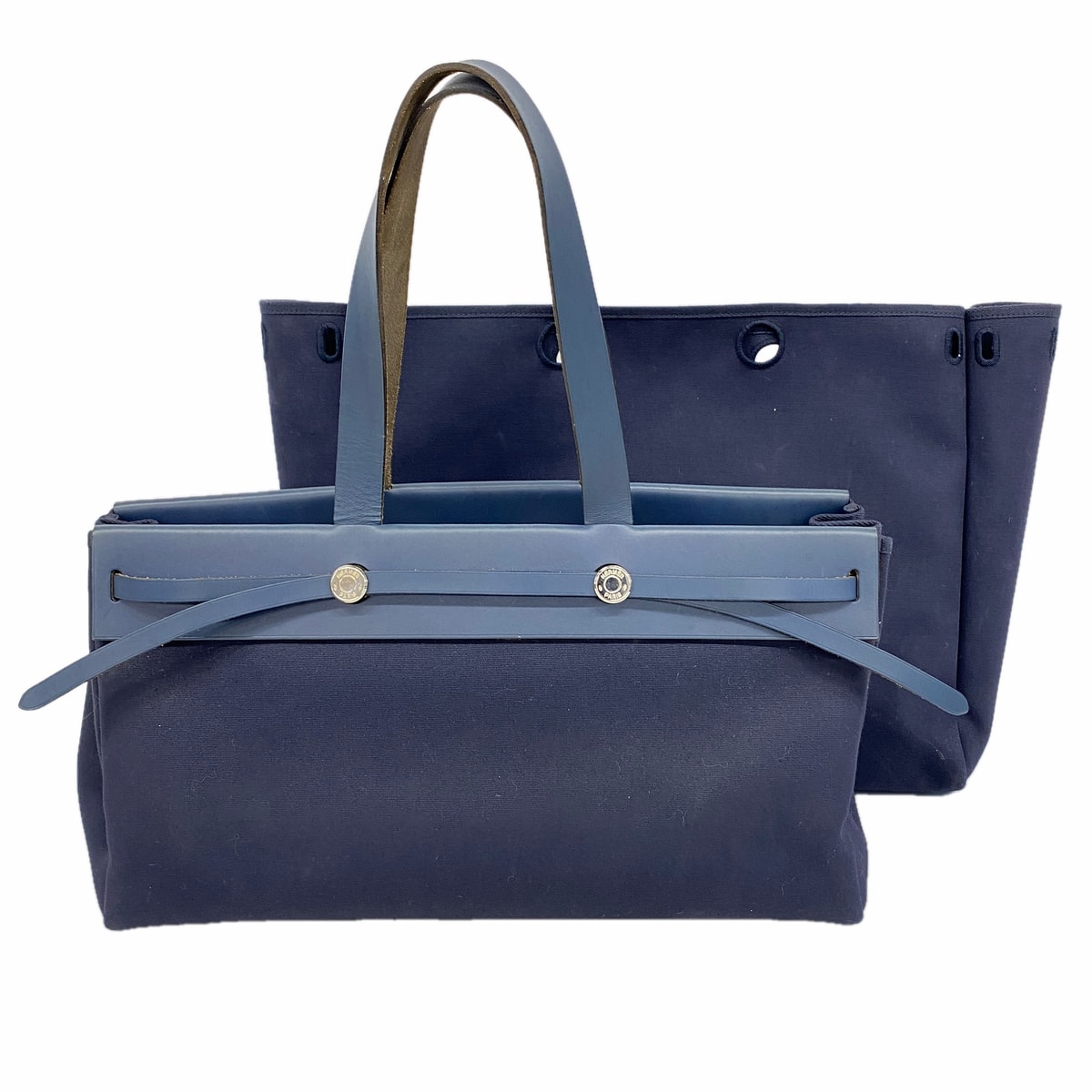★SALE【6hc2102】エルメス トートバッグ エールバッグカバス トワルアッシュ ネイビー シルバー金具 □F刻印【中古】レディース