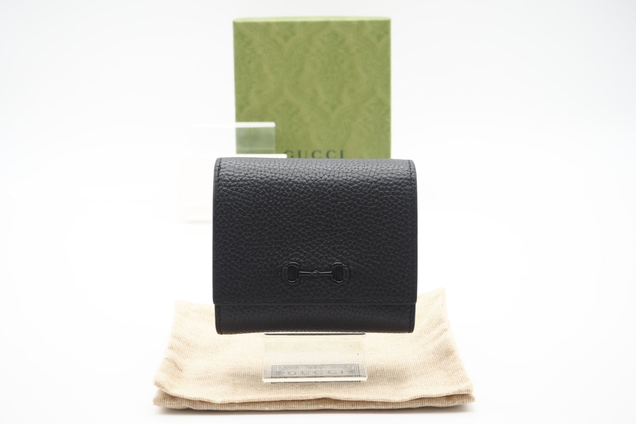 美品 GUCCI グッチ ホースビット1955 レザー コンパクトウォレット 745981 二つ折り財布 ブラック レザー メンズ