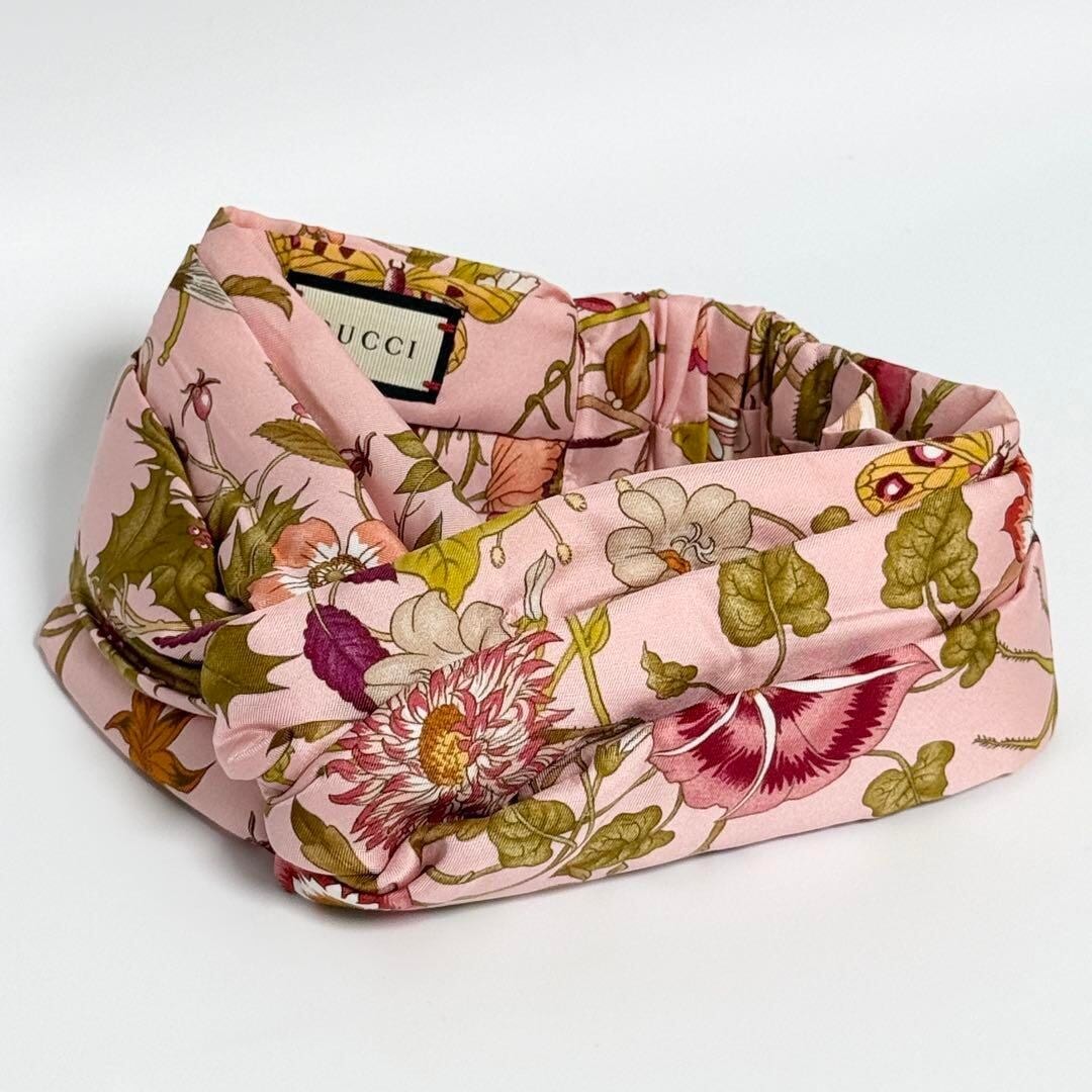 【超美品】グッチ レディース ヘッドバンド ヘアバンド シルク フローラ ピンク