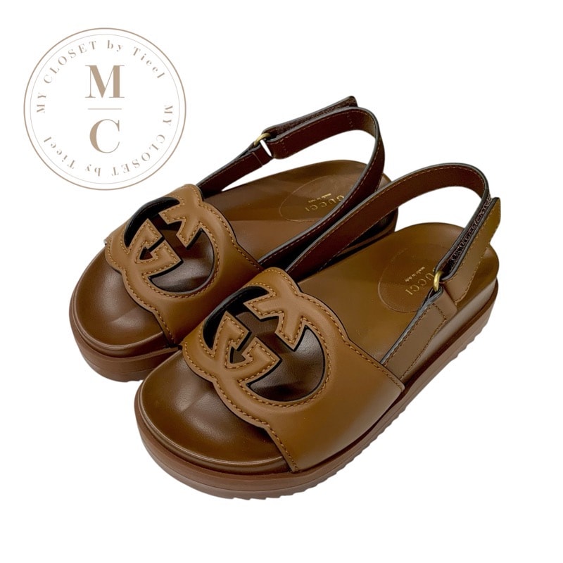 グッチ GUCCI サンダル 靴 シューズ レザー ブラウン ロゴ ベルクロ