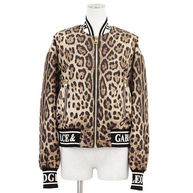 【新品同様】DOLCE&GABBANA ドルチェアンドガッバーナ ブルゾン サイズ 36 レディース レオパード プリント シグネチャー ロゴジャガードリブ パテッドジャケット アウター ブラウン ブラック 茶 黒 総柄 イタリア製