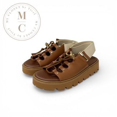 セリーヌ CELINE ビリー サンダル 靴 シューズ レザー キャンバス ブラウン ベージュ ゴールド プラットフォーム ストラップ レースアップ トリオンフ ベルクロ チャンキー