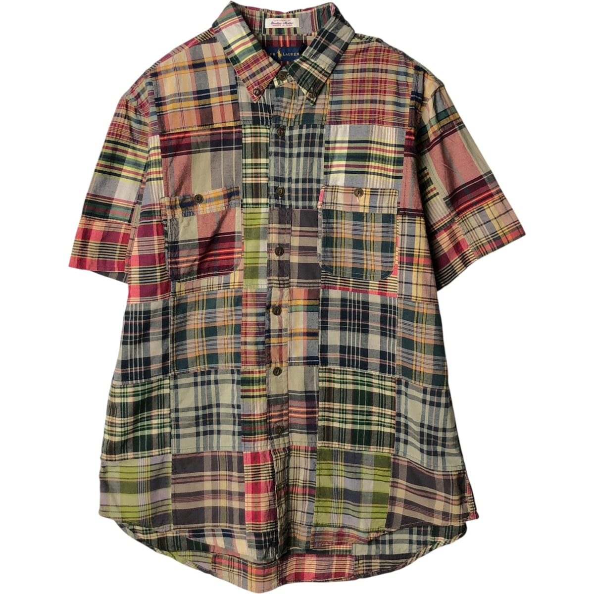 古着 ラルフローレン Ralph Lauren パッチワーク 半袖 ボタンダウン チェックシャツ メンズL相当/eaa637754