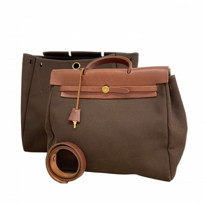 【6dc2722】エルメス ハンドバッグ エールバッグMM トワルオフィシエ ブラウン シャンパンゴールド金具 □F刻印 2wayバッグ【中古】レディース