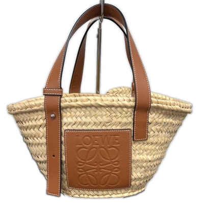 LOEWE 極美品 ロエベ バスケットバッグ スモール トートバッグ 327.02.S93 ラフィア レザー ナチュラル タン ベージュ ハンドバッグ かごバッグ 編み込み 夏物 Aランク 鑑定済 中古 ロエベバッグ