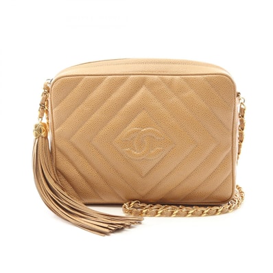 シャネル CHANEL ココマーク ダイヤステッチ ショルダーバッグ バッグ レザー グレインドカーフスキン レディース ベージュ系 【中古】