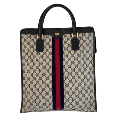 GUCCI グッチ ヴィンテージ シェリーライン グレー ネイビー ゴールド金具 GGスプリームキャンバス レザー/ トートバッグ ハンドバッグ 601724 【中古】