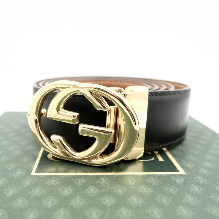 GUCCI(グッチ)インターロッキングG ベルト ブラック レザー ゴールドバックル メンズ 105・42 036・519・0980 【中古】