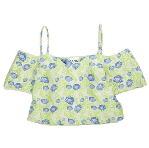 GANNI ガニー 3Dフラワージャガードオフショルダーブラウス 1577-343-1774 Free Green/Blue シャツ トップス g26060