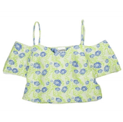 GANNI ガニー 3Dフラワージャガードオフショルダーブラウス 1577-343-1774 Free Green/Blue シャツ トップス g26060
