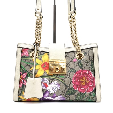 GUCCI(グッチ)GGスプリーム GGフローラ パドロック チェーンショルダーバッグ トートバッグ フラワー 花柄 ベージュ マルチカラー レザー ゴールド金具 レディース 498156【中古】