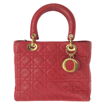 Christian Dior クリスチャンディオール ヴィンテージ レディ ディオール カナージュ レッド ゴールド金具 レザー ハンドバッグ 603197 【中古】