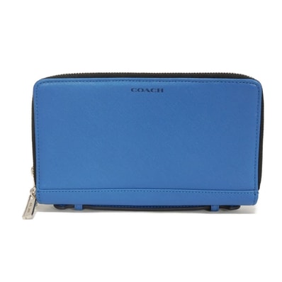 COACH コーチ トラベル オーガナイザー ウォレット クロスグレイン カーフ シルバー ハンドル ダブルジップ ラウンドファスナー コンパートメント マチ付き カードケース コインケース ドキュメントケース ロゴ ブルー 長財布