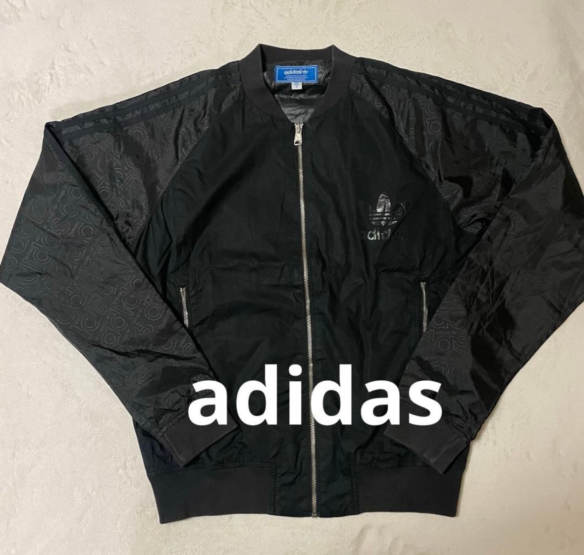adidas originals アディダスオリジナルス ナイロンジャケット 黒 M トレフォイルロゴ 総柄