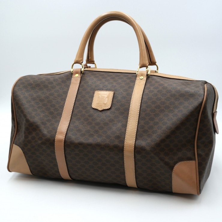 CELINE(セリーヌ)マカダム ボストンバッグ ヴィンテージ トラベルバッグ ハンドバッグ PVC レザー ブラウン ゴールド金具 レディース 南京錠・鍵付き【中古】