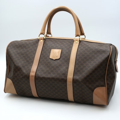 CELINE(セリーヌ)マカダム ボストンバッグ ヴィンテージ トラベルバッグ ハンドバッグ PVC レザー ブラウン ゴールド金具 レディース 南京錠・鍵付き【中古】