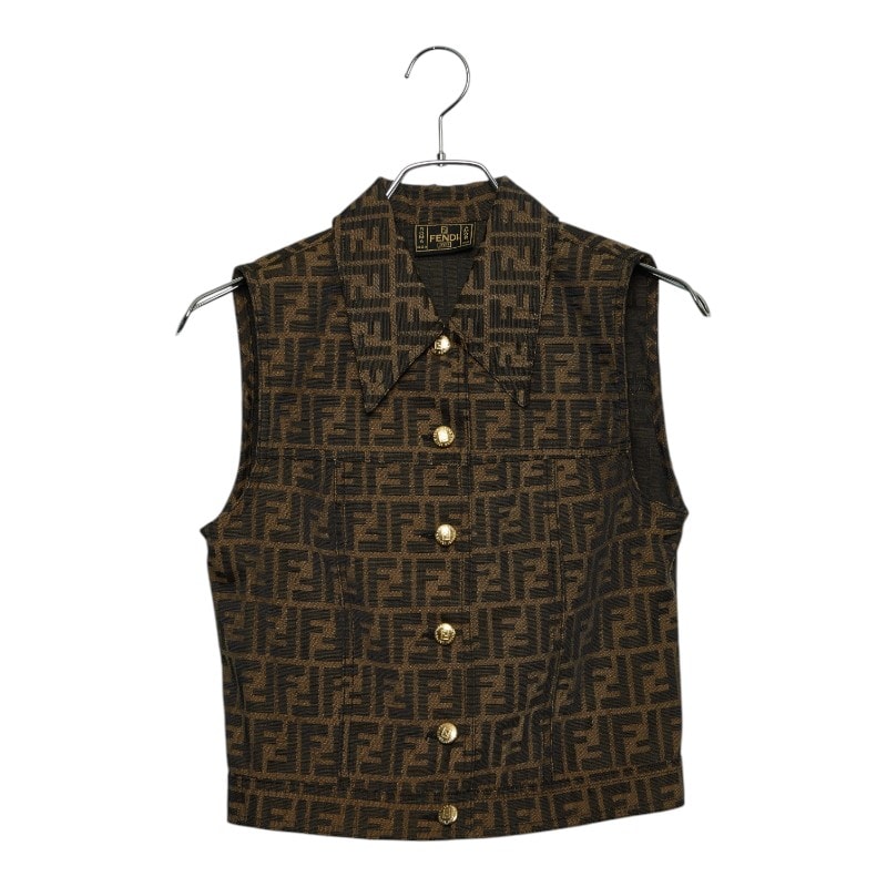 フェンディ ズッカ ベスト ジレ 金ボタン ブラウン コットン ポリエステル レディース FENDI 【中古】