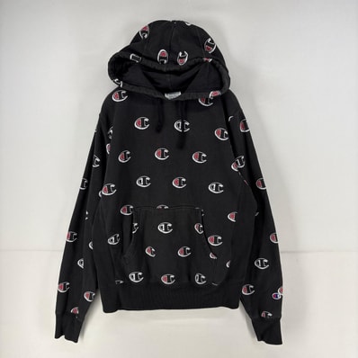 古着 チャンピオン Champion パーカー プルオーバー ロゴ 総柄 スウェット リバースウィーブ M ブラック 総柄 メンズ