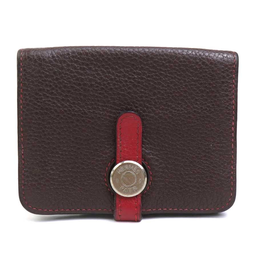 エルメス HERMES カードケース ドゴンコンパクト レザー ダークブラウン/レッド シルバー ユニセックス【中古】 e62446a