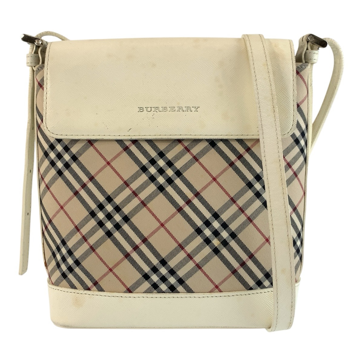 BURBERRY バーバリー チェック柄 ホワイト ベージュ シルバー金具 キャンバス レザー/ ショルダーバッグ ポシェット 1-0294324 【中古】