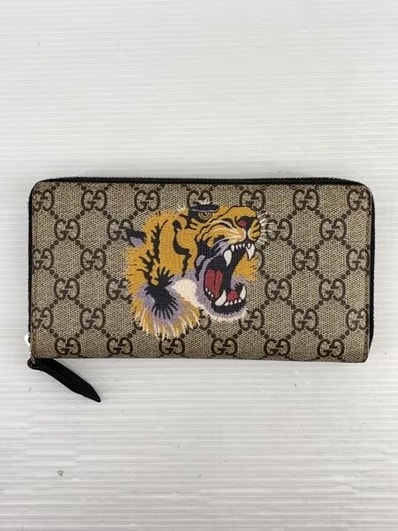GUCCI Tiger Print GG Supreme Zip Round Wallet