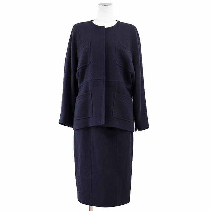 CHANEL BOUTIQUE シャネル ブティック ヴィンテージ セットアップ 38/38 レディース 20293 ツイード ジャケット COCOマーク ロゴ 稲穂ボタン 4P オープンフロント リラックスフィット スカート ウール/シルク100% 紺 仏製