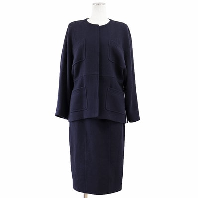 CHANEL BOUTIQUE シャネル ブティック ヴィンテージ セットアップ 38/38 レディース 20293 ツイード ジャケット COCOマーク ロゴ 稲穂ボタン 4P オープンフロント リラックスフィット スカート ウール/シルク100% 紺 仏製