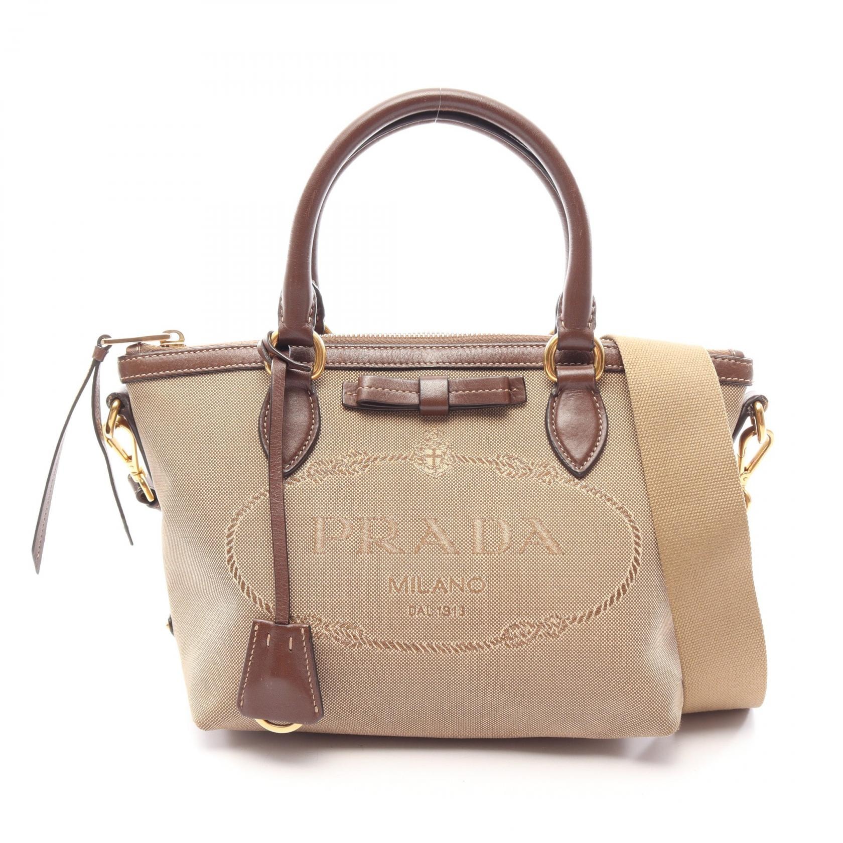 プラダ PRADA LOGO JACQUARD ロゴジャガード 2WAY ハンドバッグ バッグ キャンバス レザー レディース ベージュ系 / ブラウン系 1BA111 【中古】
